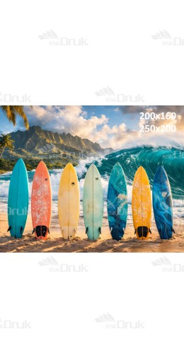 Tło fotograficzne „Kolorowe deski surfingowe i fala oceanu z górami” | 4054